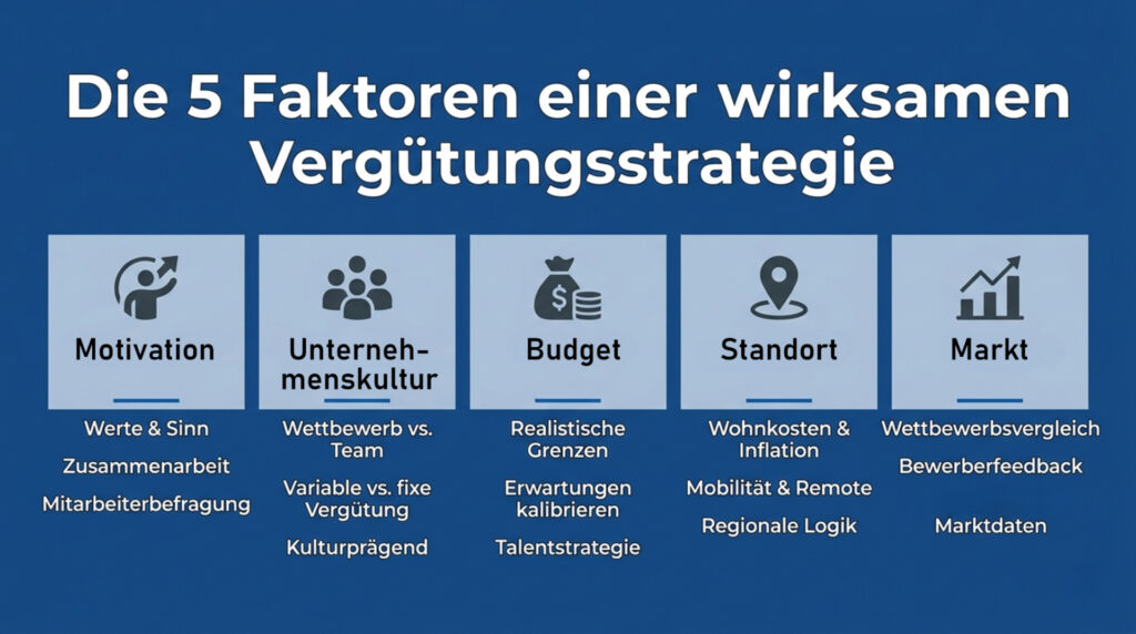 Die fünf für ein Vergütungssystem wichtigen Faktoren „Motivation”, „Kultur”, „Budget”, „Standort” und „Markt” werden jeweils mit einem Icon dargestellt. Darunter werden sie stichpunktartig erläutert.