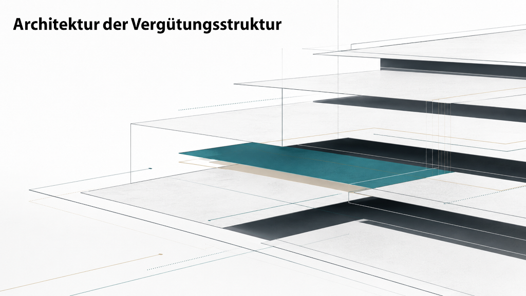 AAbstrakte Liniengrafik mit gestaffelten geometrischen Ebenen, die die Architektur einer Vergütungsstruktur im Kontext ‚Stellenbewertung im KMU selbst durchführen‘ symbolisieren; Farbwelt in Anthrazit, Petrol und Sand.