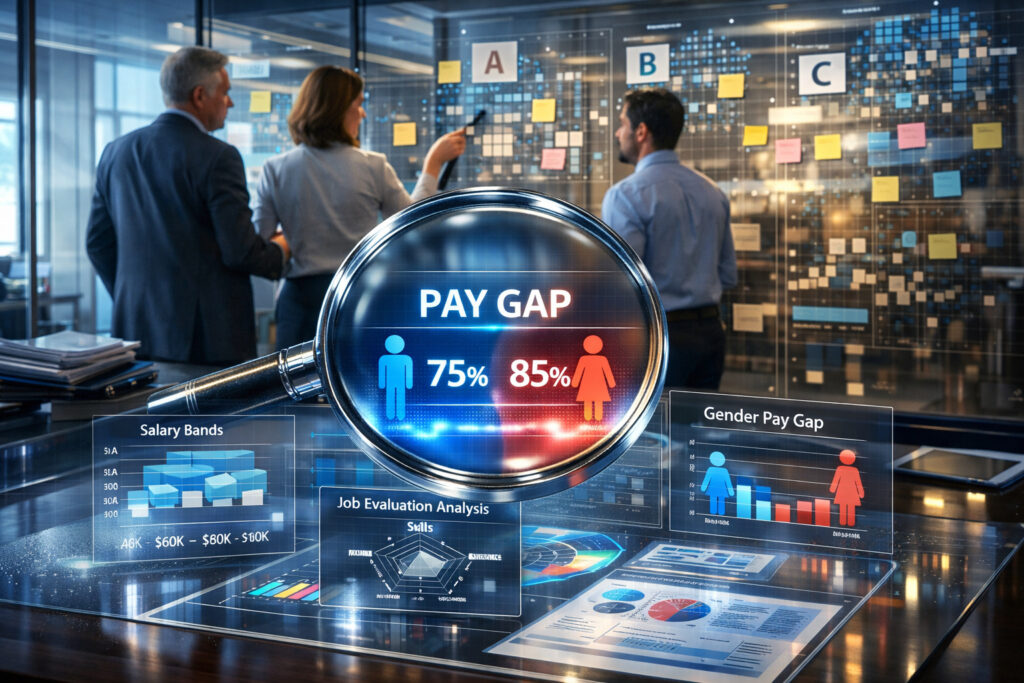 Geschäftsleute analysieren den Gender Pay Gap, Entgelttransparenz und Gehaltsstrukturen auf interaktiven Bildschirmen im Büro. Sie wenden das Konzept der Gehaltsgleichheit auf Basis einer analytische Stellenbewertung und der darauf aufbauenden Datenanalyse in Unternehmen an, um die gefordere EU-Compliance der EU-Richtlinie 2023/970 zu erfüllen.