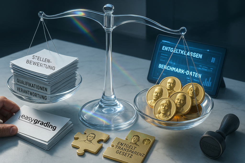 Entgelttransparenzgesetz – Stellenbewertung als Basis für Transparenz in den betrieblichen Entgeltstrukturen. 1 Das Bild zeigt eine gläserne Gehaltswaage“, die auf einem modernen Bürotisch steht.
Die linke Schale: Enthält Stapel aus Dokumenten mit Aufschriften wie „Stellenbebewertung“, „Qualifikationen“ und „Verantwortung“.
Die rechte Schale: Goldscheiben mit Gravuren von Mitarbeitergesichtern (diverse Geschlechter, Altersgruppen).
Das Bild soll für die Ansprüche des Entgelttransparenzgesetz und der EU-Entgelttransparenzrichtlinie stehen.