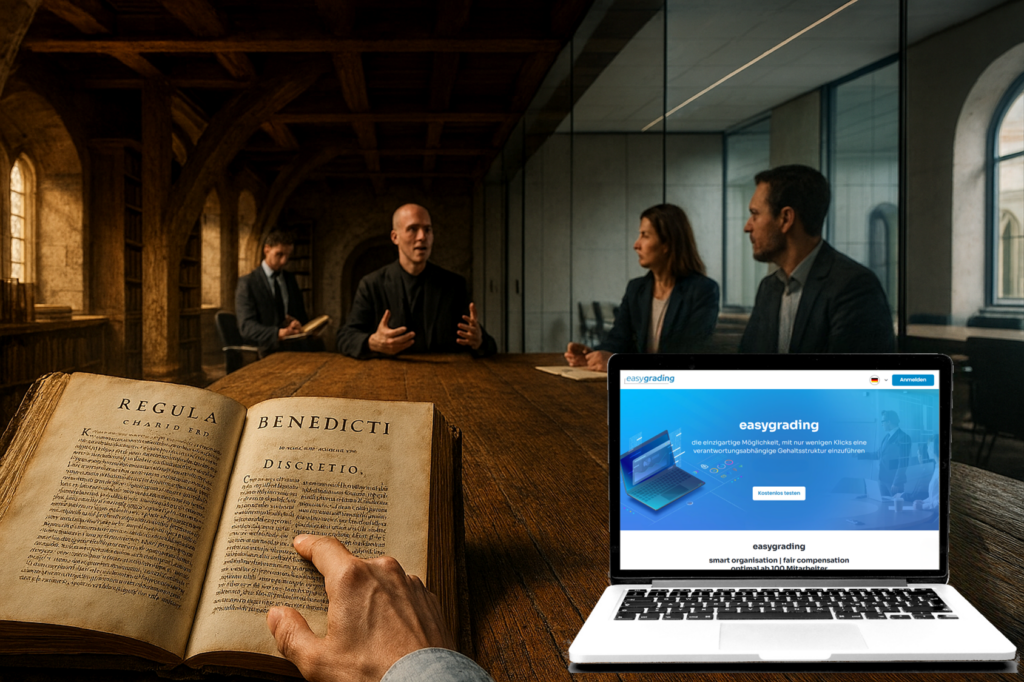 Verantwortung und Entscheidung in der Benediktus-Regel: Bewährte Führungsprinzipien für KMU 1 Verantwortung und Entscheidung – damals wie heute: Die Regel des Heiligen Benedikt neben einem Laptop mit easygrading.de verdeutlicht, wie benediktinische Führungsprinzipien in moderne Vergütungssysteme integriert werden.