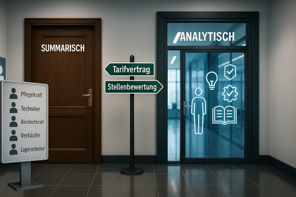EU-EntgTranspRL betrifft auch Tarifverträge 1 EU-EntgTranspRL wirkt sich auch auf Tarifverträge aus. Auf dem Bild ist links eine opake Holztüre mit der Beschriftung "Summarisch" und den den Wegweise als "Tarifvertragstüre zu erkennen. Auf der rechten Seite ist eine transparente Türe zu sehen, die mit "Analytisch" beschriftet ist. Sie symbolisiert die Forderung der Entgelttransparenzrichtlinie nach einer transparenten und nachvollziehbaren analytischen stellenbewrtung.