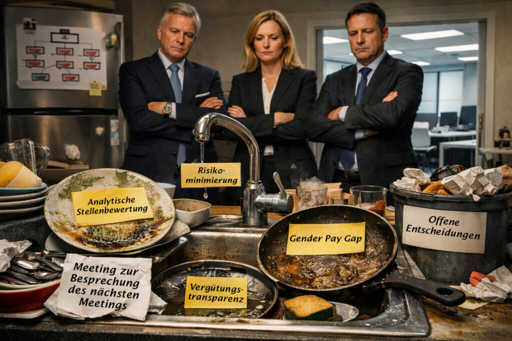 Das Bild zeigt drei Personen in Geschäftskleidung, die an einer schmutzigen Spüle stehen, in der sich schmutziges Geschirr und Müll befinden. Auf den Gegenständen in der Spüle und darum herum sind Schilder mit Begriffen angebracht, die sich auf Entscheidung und Verantwortung im Unternehmen sowie auch die Gleichstellung der Geschlechter und die Vergütung in Unternehmen beziehen. Die Szene kritisiert visuell, wie diese wichtigen Themen oft als "schmutzige Arbeit" oder Probleme behandelt werden, die niemand angehen möchte. 