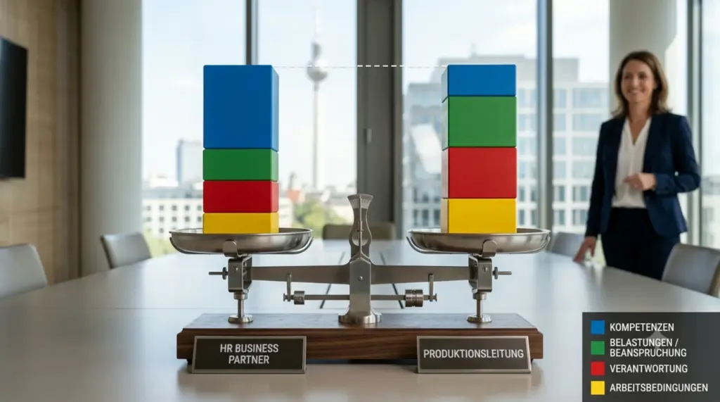 Analytische Stellenbewertung im Mittelstand: Wie Sie Gehaltsunterschiede unter der EU-Entgelttransparenzrichtlinie rechtssicher begründen 1 Waage zeigt symbolisch eine analytische AStellenbewertung im Mittelstand: Gleichwertigkeit von HR Business Partner und Produktionsleitung durch farbige Blöcke für Kompetenzen, Belastungen, Verantwortung und Arbeitsbedingungen.