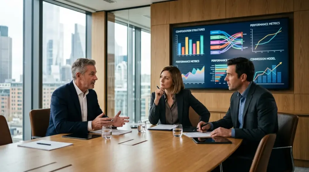 Drei Führungskräfte besprechen am Konferenztisch Strategien zur Vertriebsvergütung ETRL, im Hintergrund ein Bildschirm mit Leistungsdaten und Vergütungsmodellen.